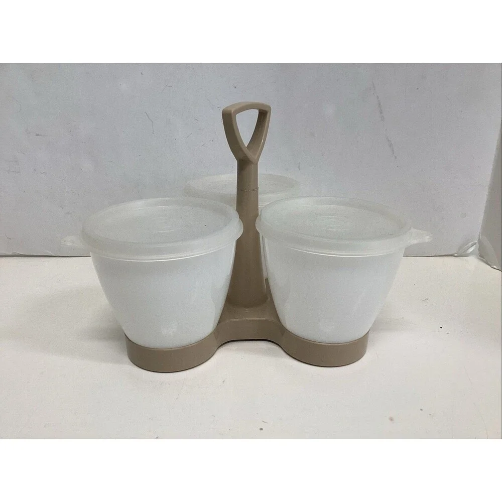 vtg Tupperware condiment caddy server set beige  jars lids